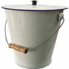White Enamel Bucket with lid, vintage style.Nappy pail,planter 31 cm wood handle