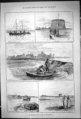 Old print 1887 fishing lodge - fishing,