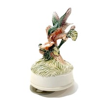 Spinning Ceramic Wind Up Music Box Figurine Hummingbird Flowers Green Bird Pink
