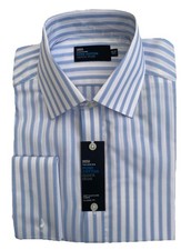 M & S Mens 100% Cotton Shirt 15.5" White with Light Blue Stripe Long Sleeve NEW