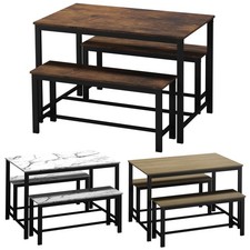 3 Pcs Wooden Kitchen Dining Living Room Table Metal Frame 2 Matching Benches Set