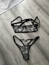 Black Grey Clear Lingerie Bra Thong Set UK LARGE 12 14 Brand New Never Worn