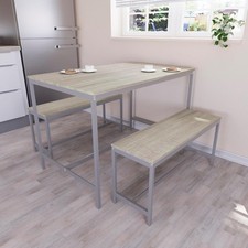 4 Seater Dining Table & Benches Set - Oak Wood Top, Compact Metal Frame