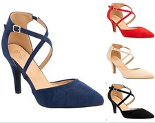 LADIES SUEDE MID HEEL POINTED TOE STRAPPY CROSS STRAP EVENING PARTY COURT SHOES 