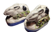 Pair of Antique Royal Staffordshire Rabbit Porcelain Figurines Naively Decorated