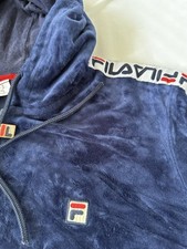 Retro Fila Velour Hoodie Medium Blue Tape Sleeves Vintage Borg Tracksuit Jacket