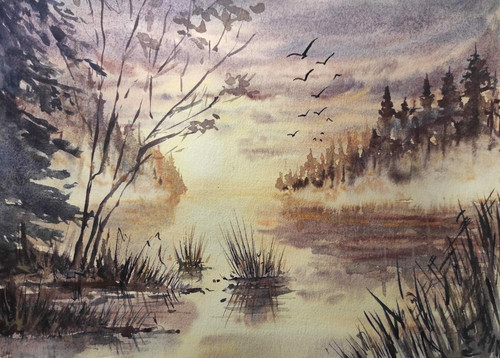 Foggy landscape birds flying - foggy,