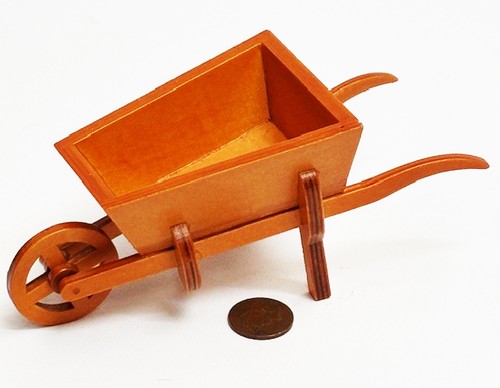 Dolls house wooden - house, wheelbarrow