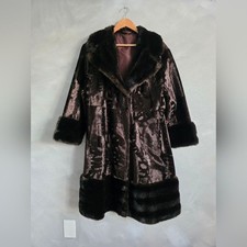 Vtg Faux Mink Persian Shearling Lamb Fur Coat Midi Rich Chocolate Brown Sheen