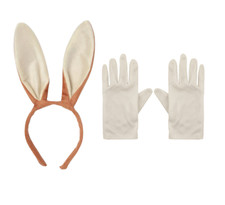 Kids Brown Bunny Rabbit Ears Headband & White Gloves Fancy Dress Costume Peter