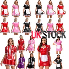 Women's PVC Leather Wet Look French Maid Costume Cosplay Fancy Dress with Apron
