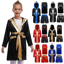 UK Boys 3Pieces Boxing Outfits Hooded Robes w/Vest Shorts Boxer Cosplay Costume