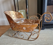 Large Gold Metal Sleigh Vintage Style Santa Sledge Christmas Decoration Ornament