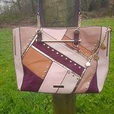 RIVER ISLAND PINK PATCHWORK TOTE BAG.  STATEMENT HANDBAG, GOLD TRIM