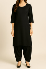 Ladies Black Linen Shalwar Kameez Round Neck Suit Pakistani Indian Dress