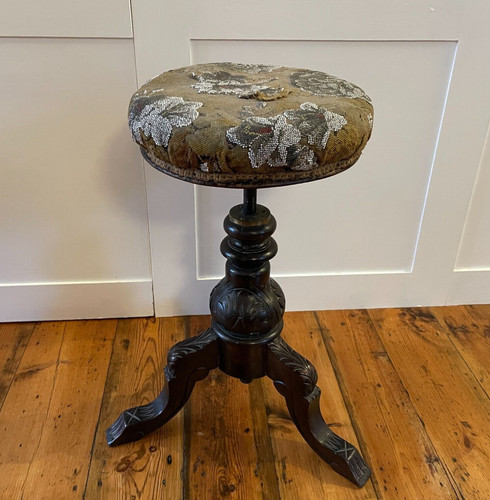 Antique round stool woven wood - antique,