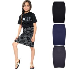 Girls Pencil Skirt School Uniform Plain Dance Childrens Pull Up Knee Length