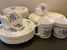 Arcopal France Blue & White Rhapsody Milk Glass ARP34 Dinnerware & Honorine Cups