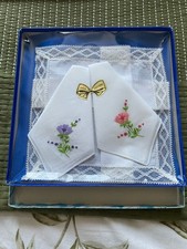 Vintage Boxed Embroidered Ladies Handkerchiefs Floral Embroidery 2 Boxed Sets