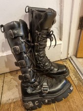 New Rock Reactor Black Leather Chunky Mid Calf Tall Punk Rock Boots Uk 11 Eu 46