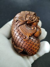 2.7-in Vintage Japanese Netsuke Boxwood Carved Dragon Fish Statue Ornament