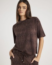 River Island Womens T-Shirt Brown Premium Crinkle Effect Boxy Crew Neck Tee Top