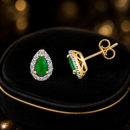 Emerald teardrop diamond stud - emerald,