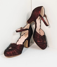 NEW Miss L Fire Ankle Strap 1940s Pumps Heel Amber Burgundy Sparkle Women’s 39