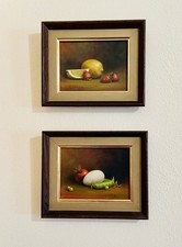 Signed W. Pater Still Life Oil Paintings – Citrus Zest and Harvest Bounty Duo