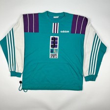 Vintage Adidas Sweatshirt Men Medium Teal Purple Retro Boxy 80s 3 Stripes Jumper