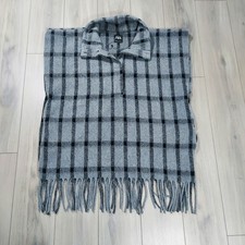 Zara Oversized Poncho Size XL Grey High Neck With Fringing Check Pattern