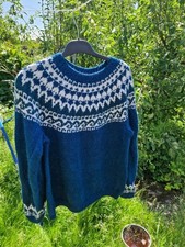 Scottish Hand Knitted Wool And Alpaca blue and white Icelandic Jumper  L 42inch 