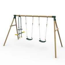 Garden Wooden Triple Swing Set with Glider Outdoor Kids Play Fun Heavy Duty Rope