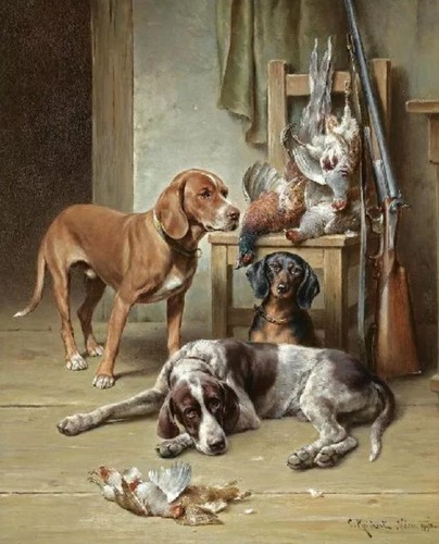 Hunting gun dog scene - gun,