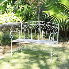 2 Seat Vintage Garden Bench - White Antique Finish, Wrought Iron, Easy Assembly