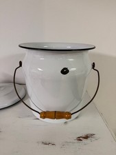 Antique Chamber Pot with Lid Enameled White With Wood Handle