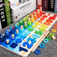 Kids Montessori Math Toys Educational Wooden Puzzle Fishing Shape Matching Board