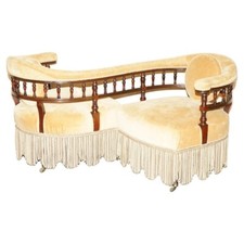 STUNNING ANTIQUE VICTORIAN "TETE A TETE" CONVERSATION SOFA WITH EBONISED FRAME