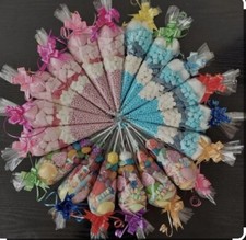 Pre Filled Sweet Cones Party Bags Kids Children Ribbon/Stickers Retro Marshmello