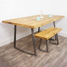 Dining Table Wooden Solid Kitchen Oak Style Furniture Metal Trapezium Steel Legs