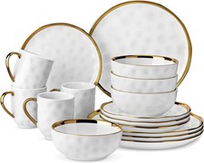 Fancy White & Gold Stoneware Dinner Set 16-Piece, Plates and Bowls for 4
