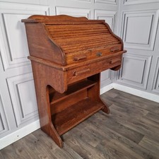 Antique Roll Top Desk - Edwardian Oak Bureau With Tambour Door - Single Drawers