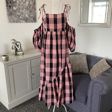 Pink & Black Check Print Strappy Off The Shoulder Zip Back Smock Midi Dress 12