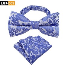 Mens Pre-Tied adjustable Bow Tie Paisley  Blue Silver Bowtie Hanky Wedding Party