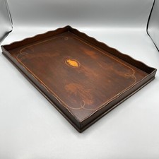 Antique Inlaid Mahogany Gallery Tray Shell Inlay Large Wooden Drinks Cocktail
