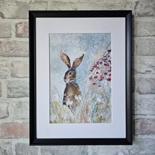 Original Watercolour Painting Hare Snow Landscape Framed