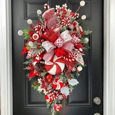 Christmas Wreath Garland Candy Cane Bow Ornament Xmas Front Door Wall Home Decor