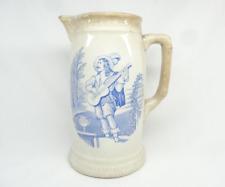 Antique Pottery jug Pitcher Blue transfer printed Man with musical instrument