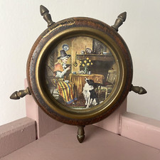 Vintage Wooden Brass Boat Wheel Picture Wales Souvenir Barry Island Nautical