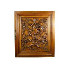 French Antique Neo-Gothic Wood Door Griffin Dragon Chimera